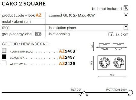 Lampa wpuszczana CARO 2 SQUARE black (AZ2437 | SN-6812S-BK) - AZZARDO